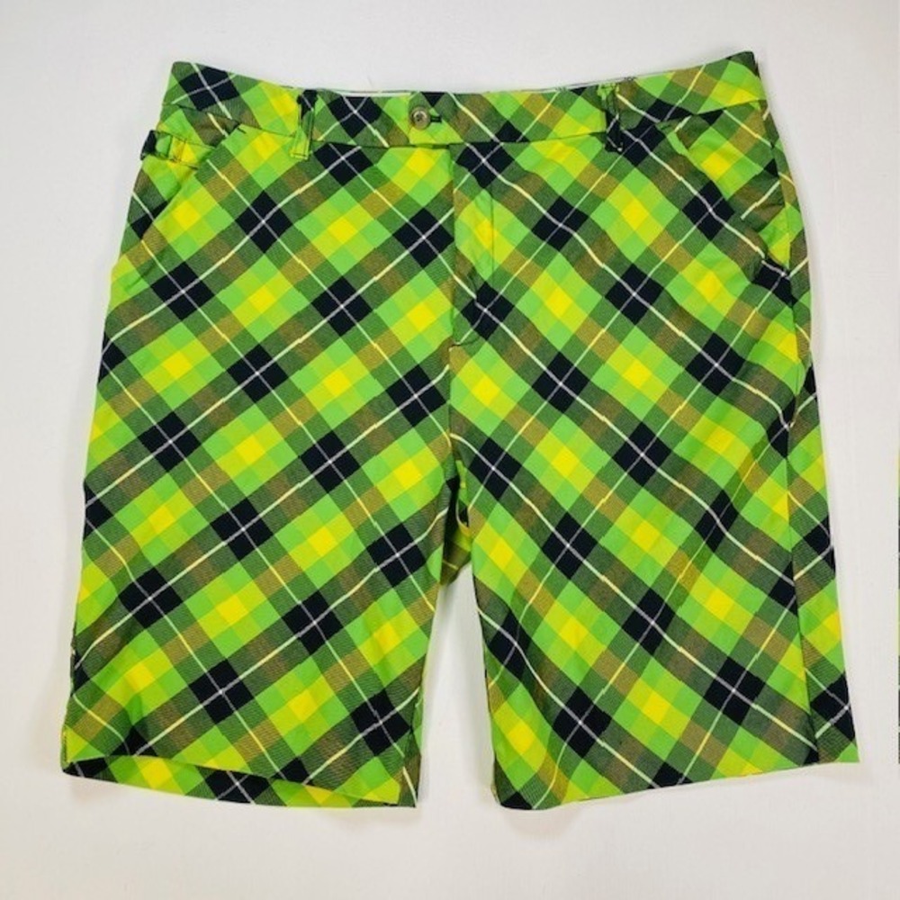 Royal & Awesome Mens Plaid Golf Shorts Lime Green Yellow Navy Blue Size 40